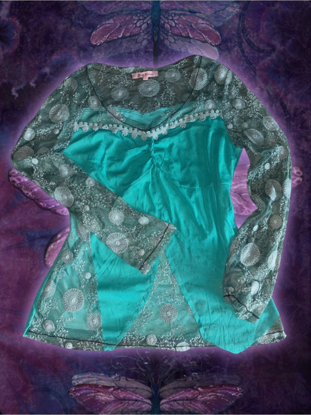 Young Essence Teal Lace-Accent Long Sleeve Top